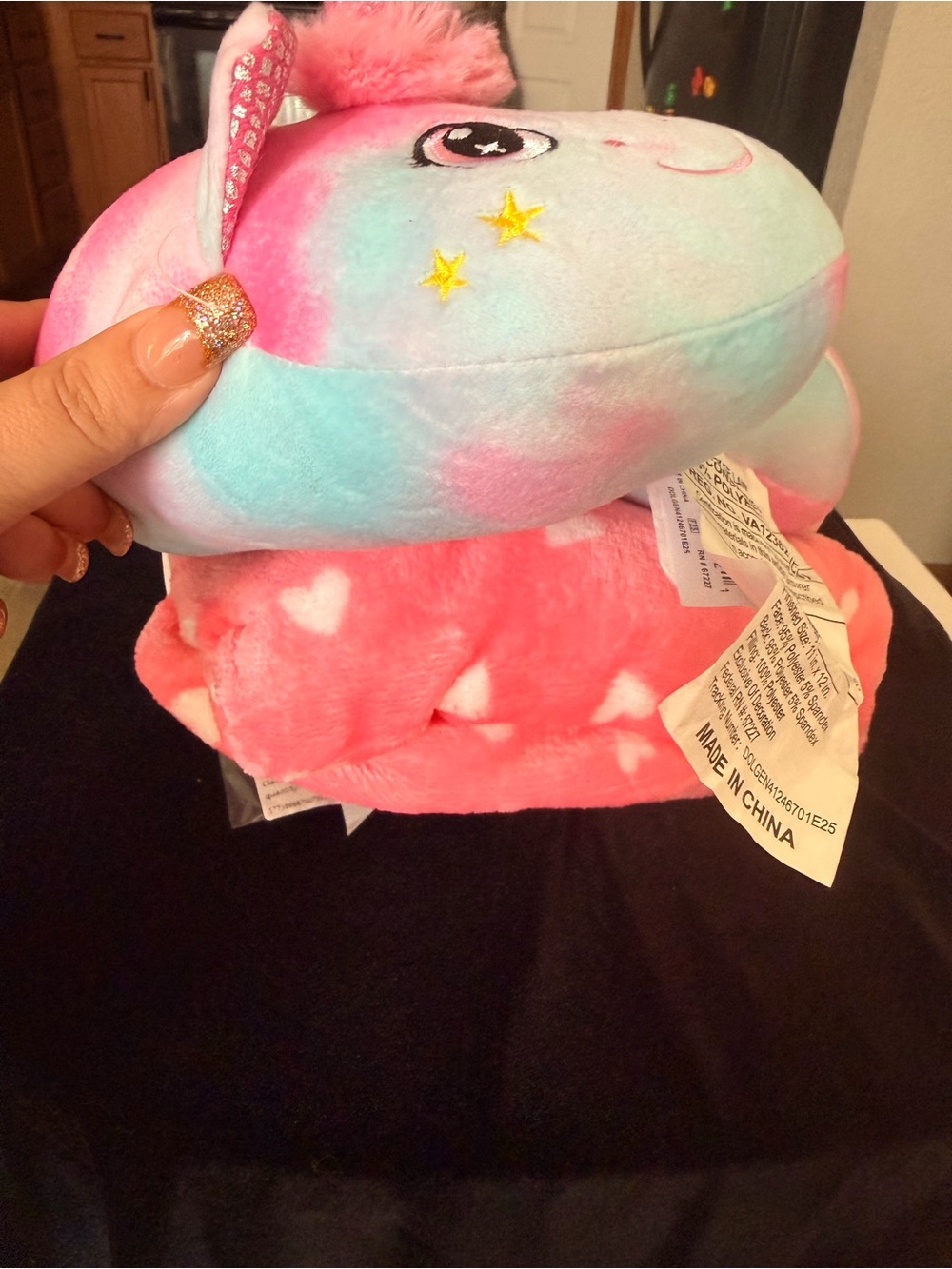 Plush Rainbow Unicorn Kids Neck Pillow with Pink Heart Throw Travel set.